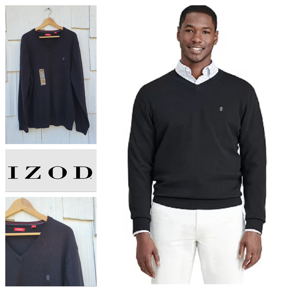 IZOD Mens V‎ Neck Long Sleeve Sweater Knit Black XL Classic Fit Cotton
